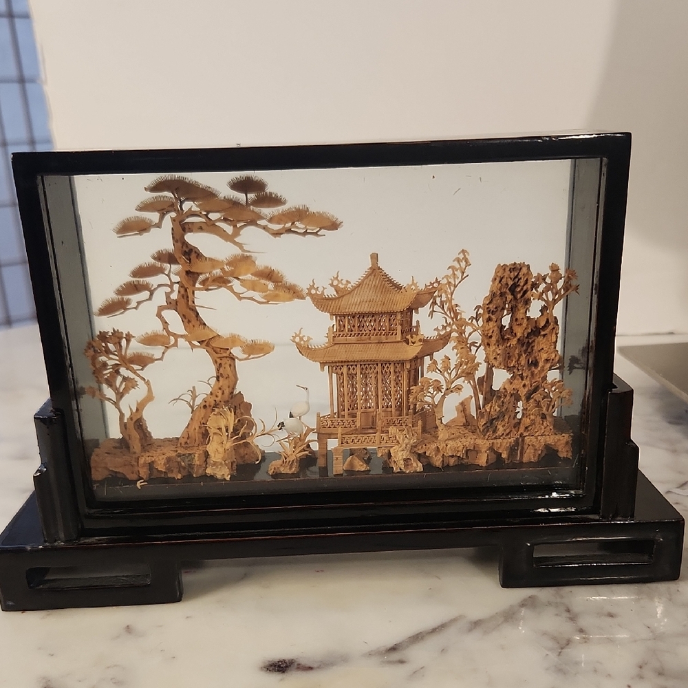 Vintage | Asian Cork Art | Storks & Pagoda Diorama in Glass Case 9 X 6"